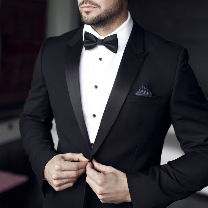 Navy tuxedo with black bow tie